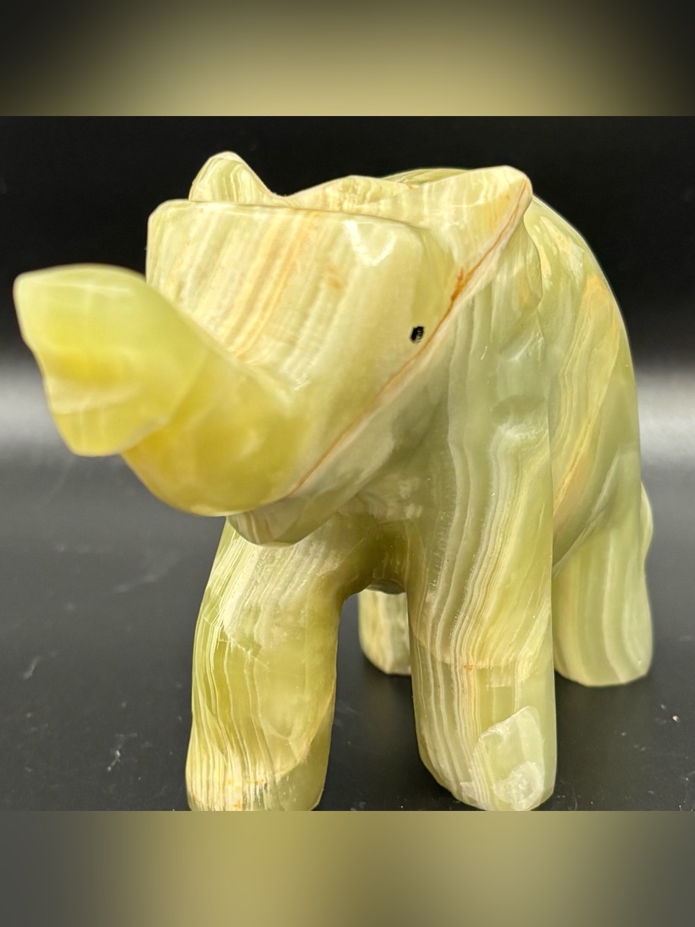 Vintage Hand Carved Banded Green Onyx Elephant Figurine Trunk Up Calcite Stone